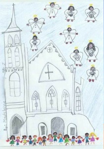 This seven-year-old's remarkable drawing depicts the nine angels around their church. 